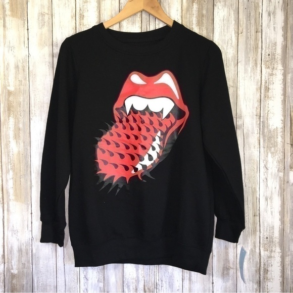 the Rolling Stones Tops - NWT Rolling Stones Black Spiked Tongue Sweatshirt Women’s Small
